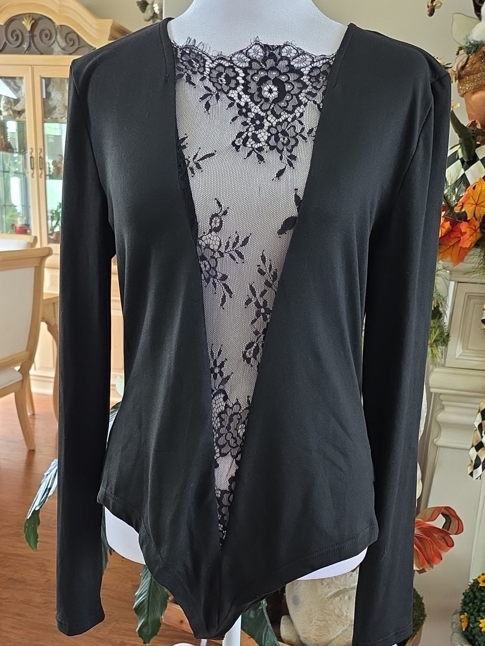 Black Lace-Front Women's Bodysuit